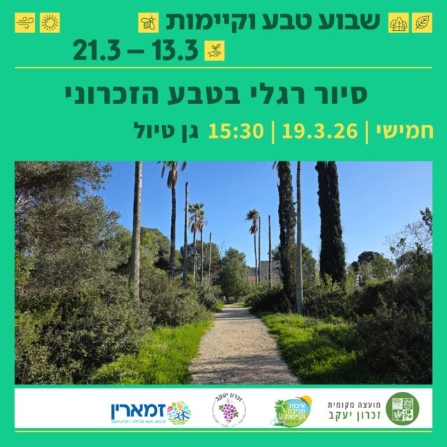 סיור חווייתי בלב הטבע הזכרוני | מורת דרך: אינס שטילר יום שישי 20.3 | 10:30–12:30 נקודת מפגש: רחוב מעוף ציפור 21, שכונת